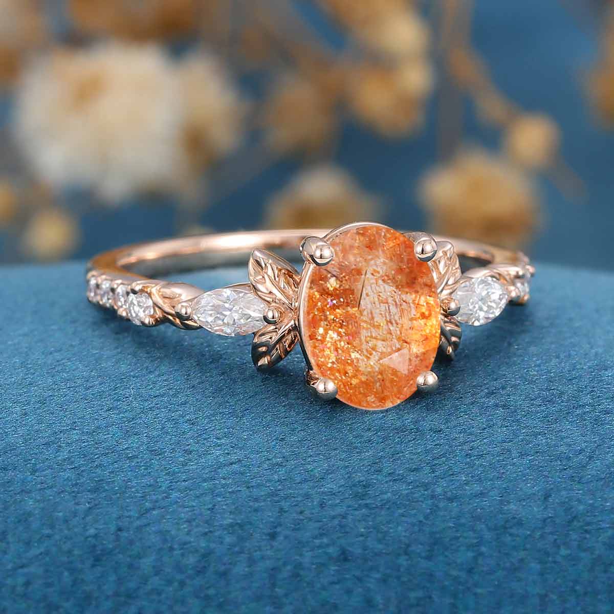 Oval cut Sun Stone Cluster Engagement Ring - Image 3