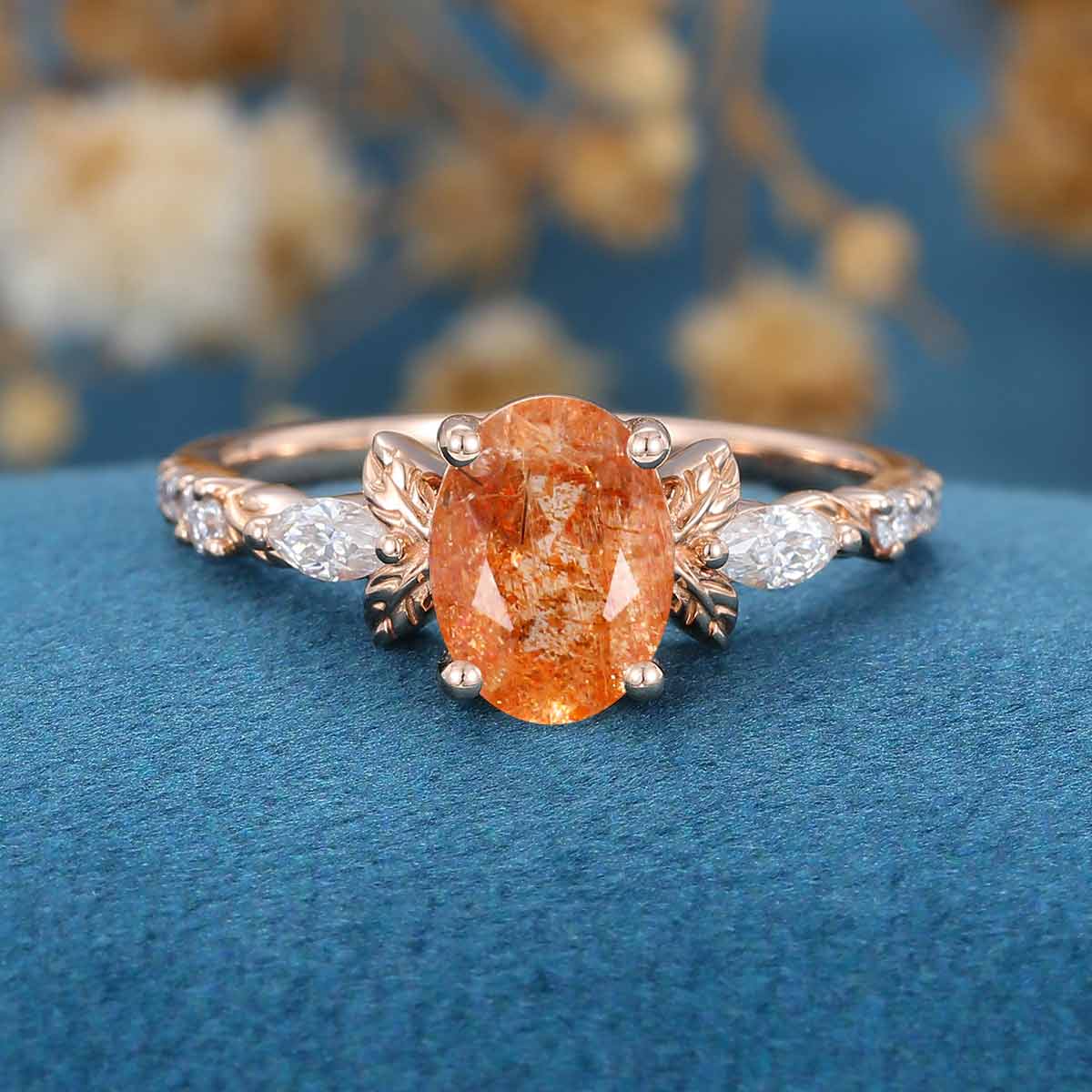 Oval cut Sun Stone Cluster Engagement Ring - Image 6