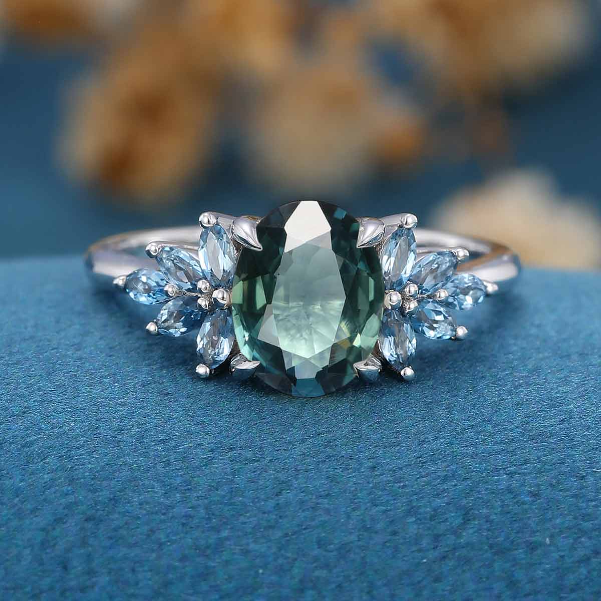 Oval Blue Green Sapphire Cluster Engagement Ring - Image 3