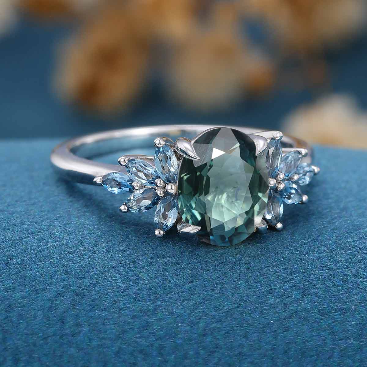 Oval Blue Green Sapphire Cluster Engagement Ring - Image 4