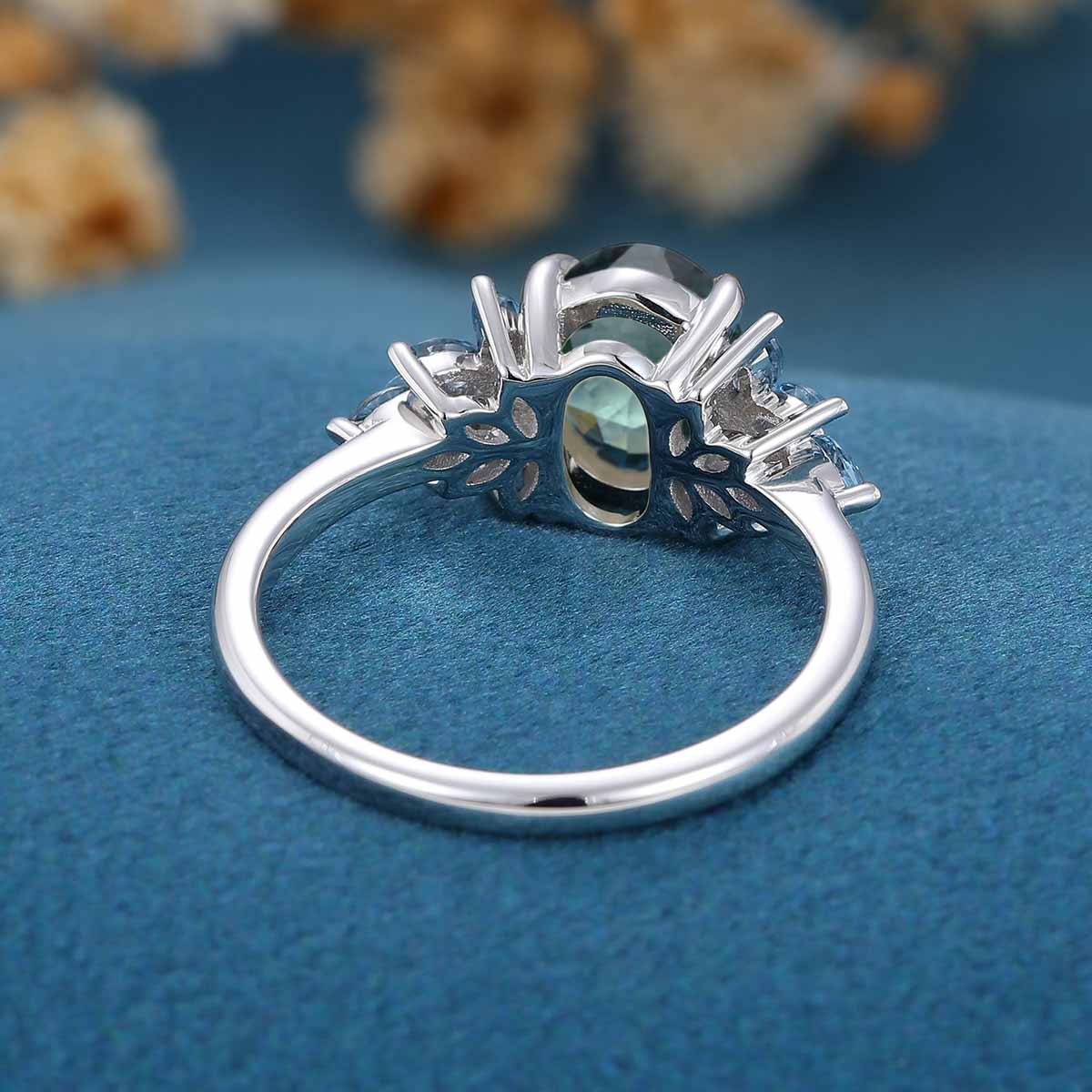 Oval Blue Green Sapphire Cluster Engagement Ring - Image 5