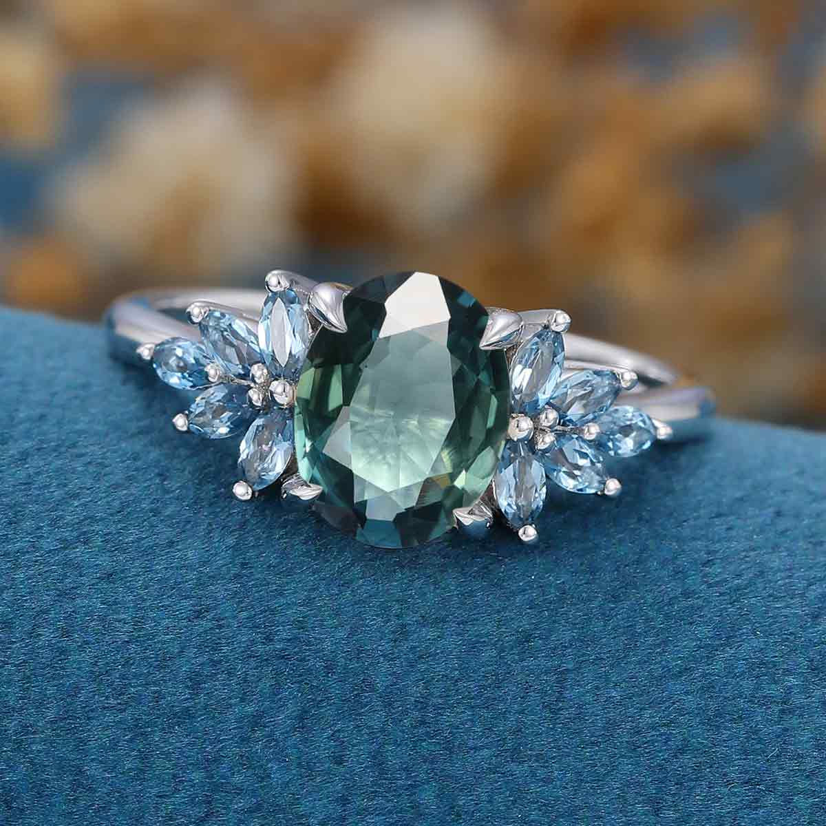 Oval Blue Green Sapphire Cluster Engagement Ring - Image 6