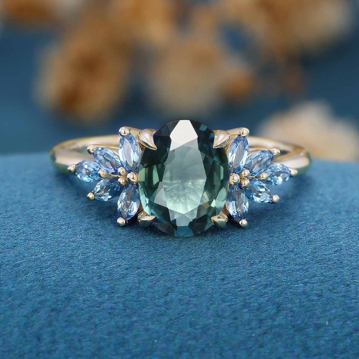 Oval Blue Green Sapphire Cluster Engagement Ring - Image 8