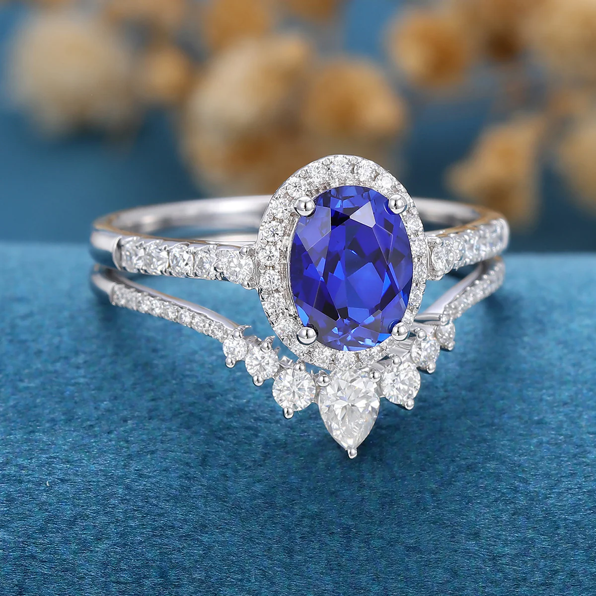 Oval Sapphire Halo | Half Eternity Engagement ring Bridal Set - Image 4