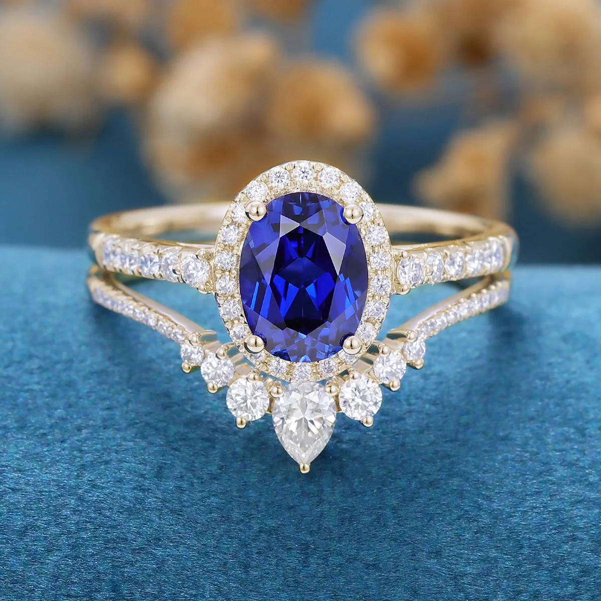 Oval Sapphire Halo | Half Eternity Engagement ring Bridal Set - Image 5