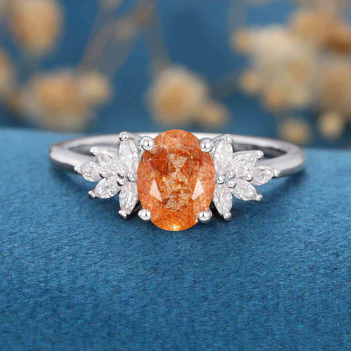 Oval Sun Stone Cluster Engagement Ring - Image 10