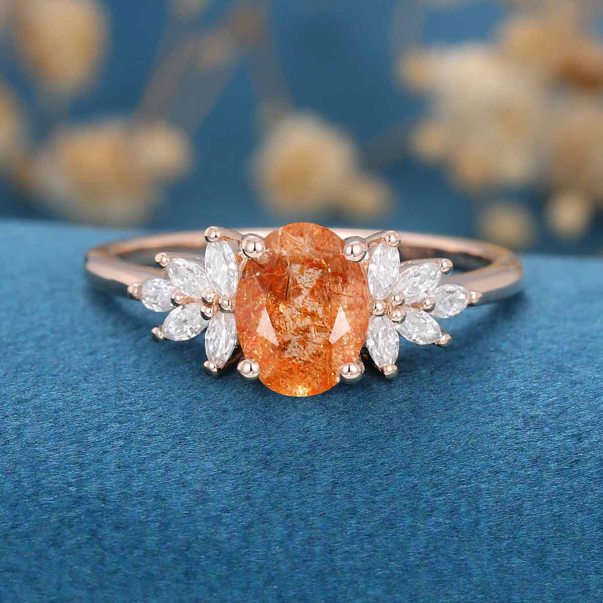 Oval Sun Stone Cluster Engagement Ring - Image 6