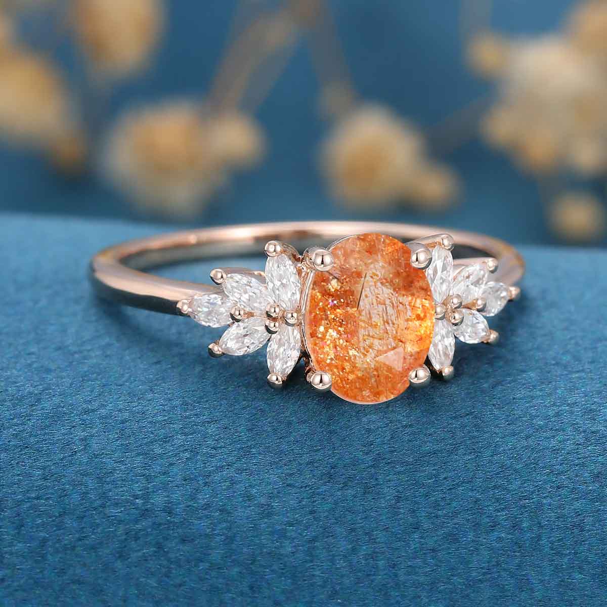 Oval Sun Stone Cluster Engagement Ring - Image 7