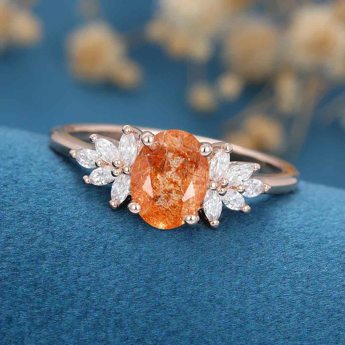 Oval Sun Stone Cluster Engagement Ring - Image 8