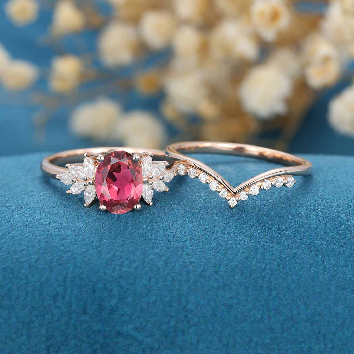 1.5Carat Oval cut Tourmaline Cluster Engagement ring Bridal Set - Image 3