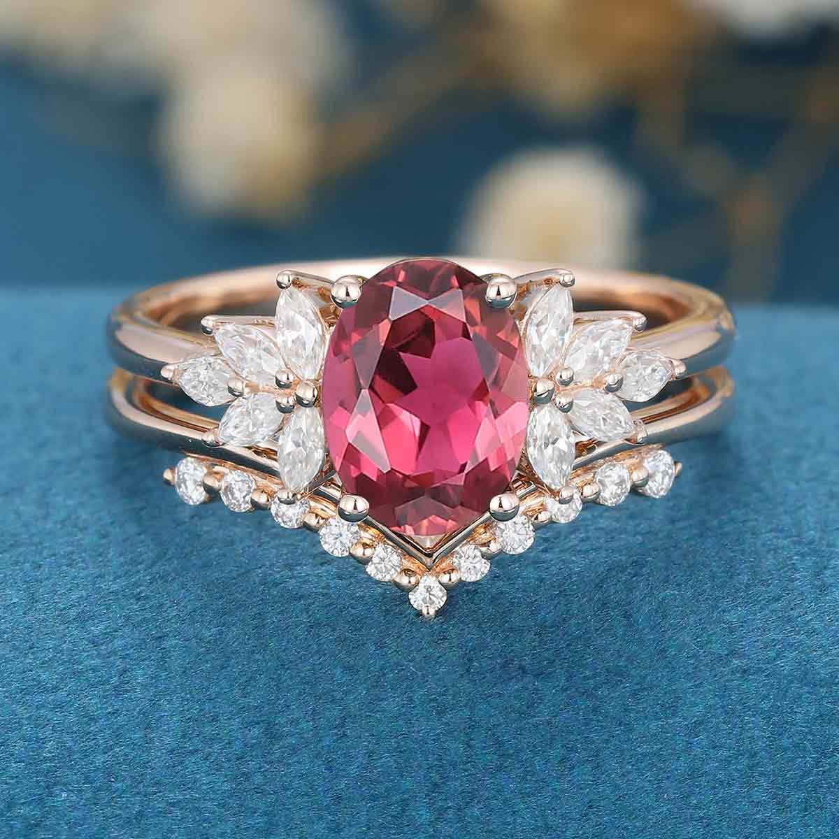 1.5Carat Oval cut Tourmaline Cluster Engagement ring Bridal Set - Image 4