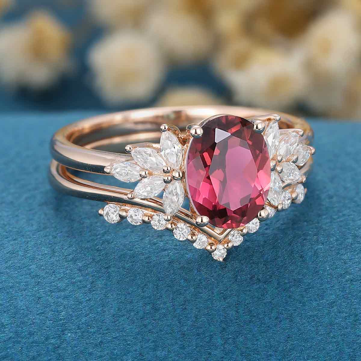 1.5Carat Oval cut Tourmaline Cluster Engagement ring Bridal Set - Image 5