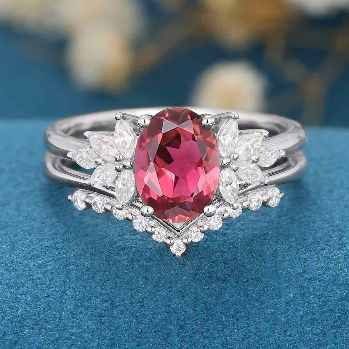 1.5Carat Oval cut Tourmaline Cluster Engagement ring Bridal Set - Image 6