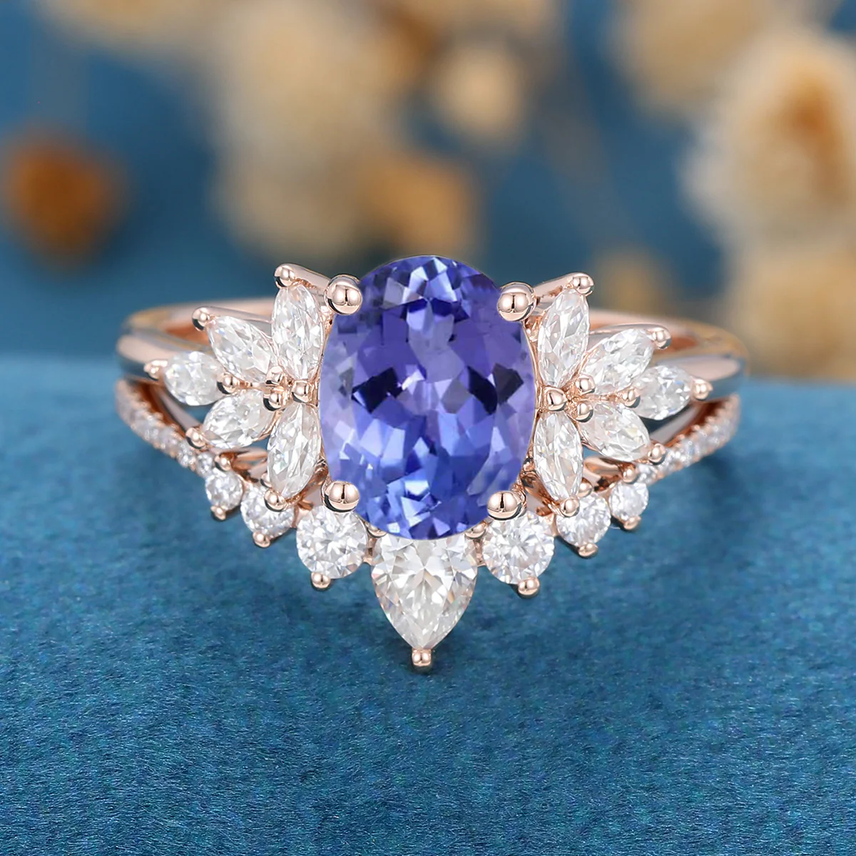 1.5Carat Oval cut Tanzanite Cluster Engagement ring Bridal Set - Image 10