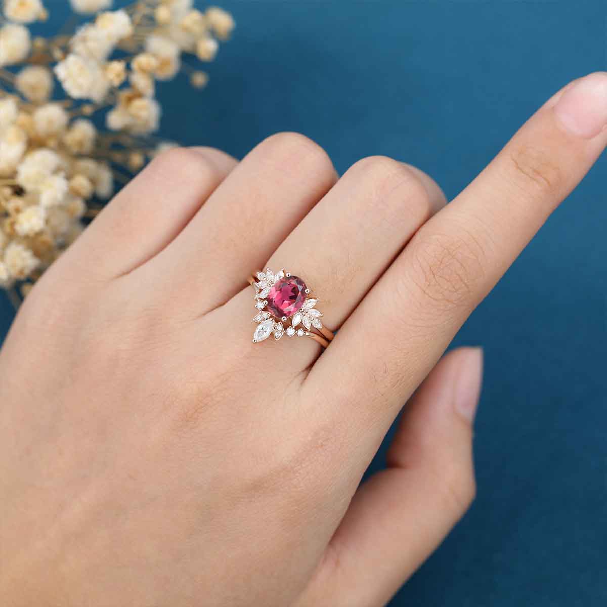 Oval cut Tourmaline Cluster Engagement ring Bridal Set - Image 3