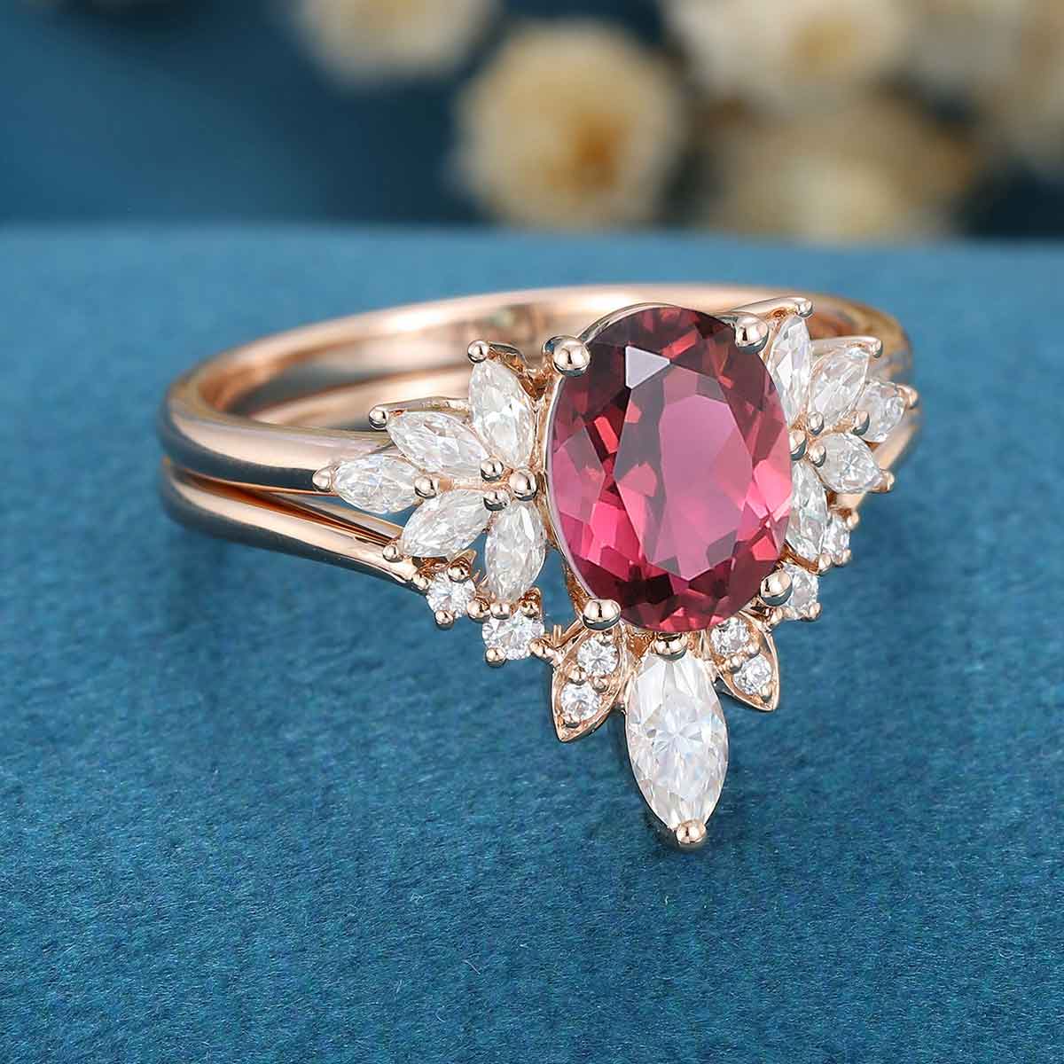 Oval cut Tourmaline Cluster Engagement ring Bridal Set - Image 5