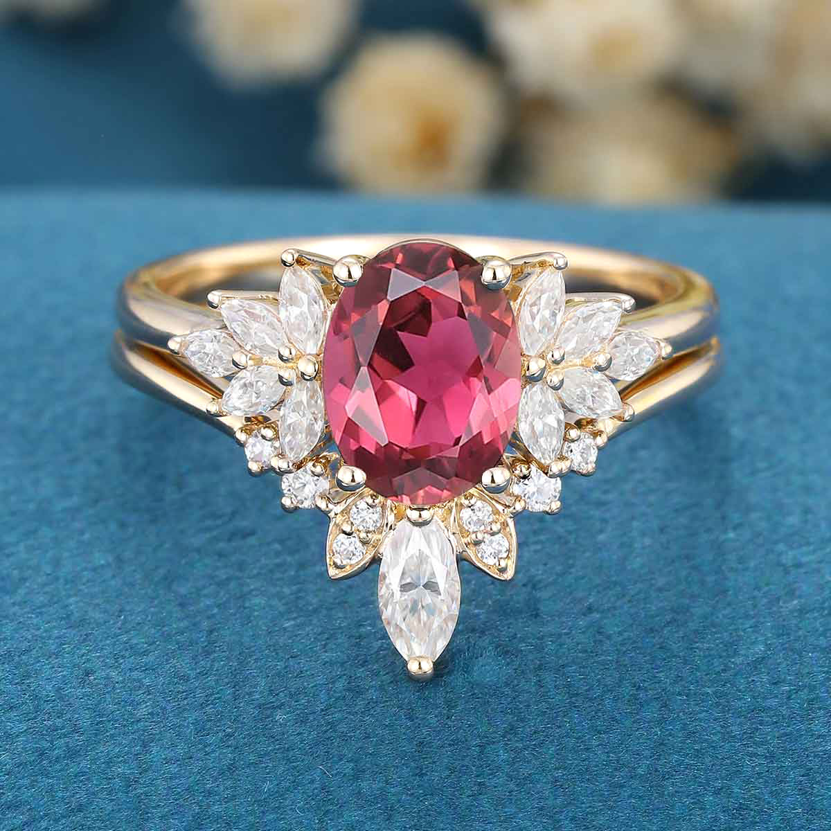 Oval cut Tourmaline Cluster Engagement ring Bridal Set - Image 6