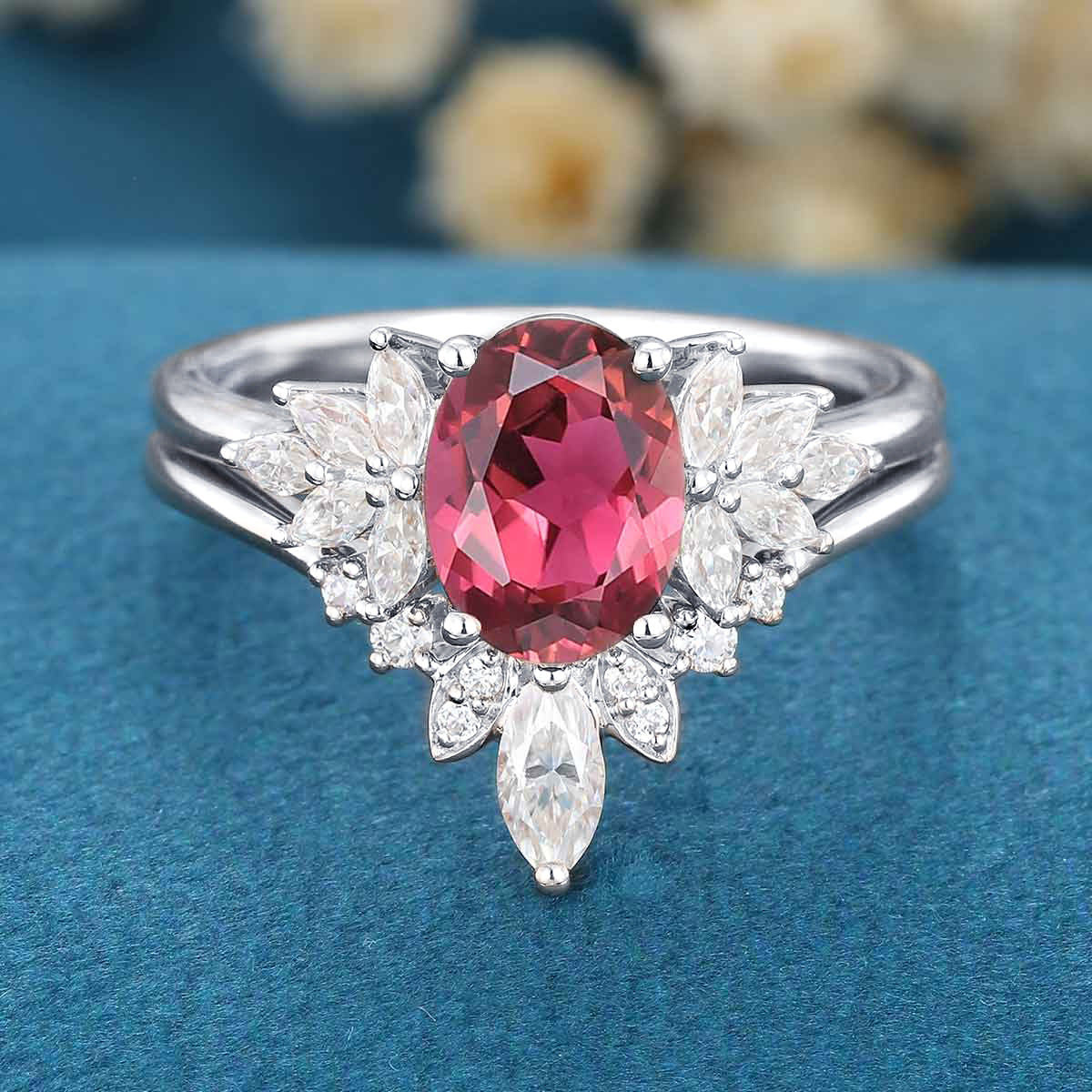 Oval cut Tourmaline Cluster Engagement ring Bridal Set - Image 7