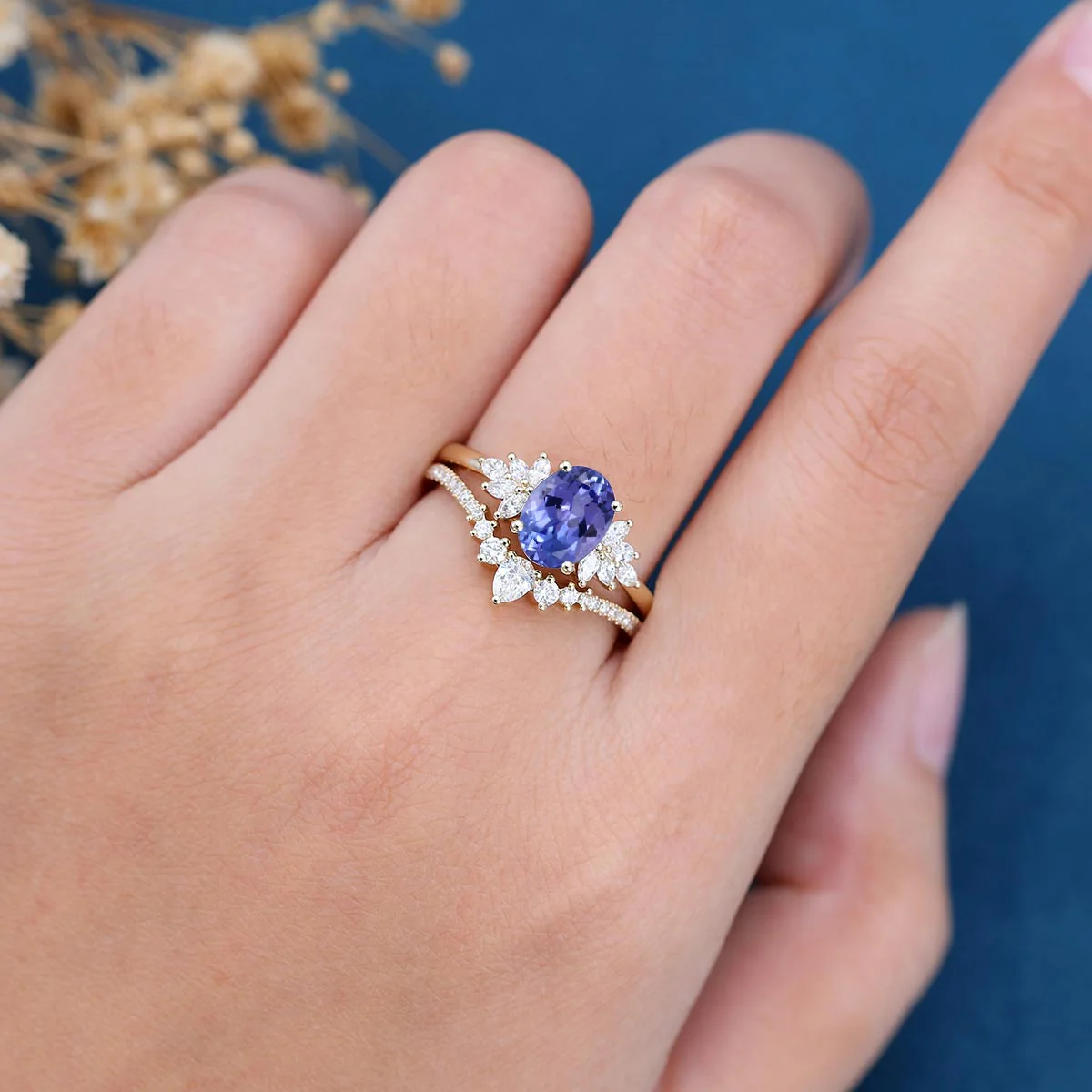 1.5Carat Oval cut Tanzanite Cluster Engagement ring Bridal Set - Image 2