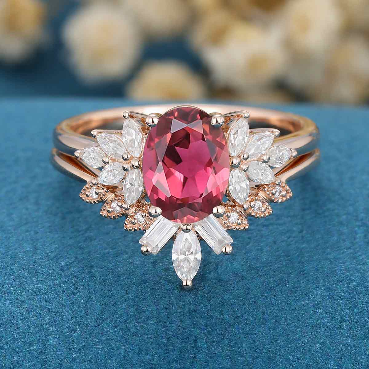 1.5Carat Oval cut Tourmaline Cluster Engagement ring Bridal Set - Image 4