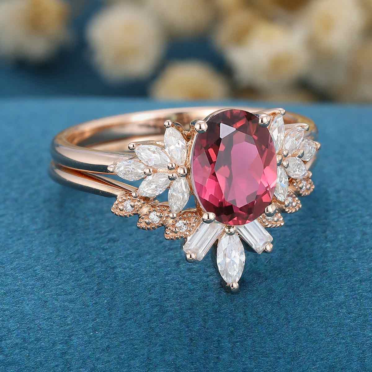1.5Carat Oval cut Tourmaline Cluster Engagement ring Bridal Set - Image 5