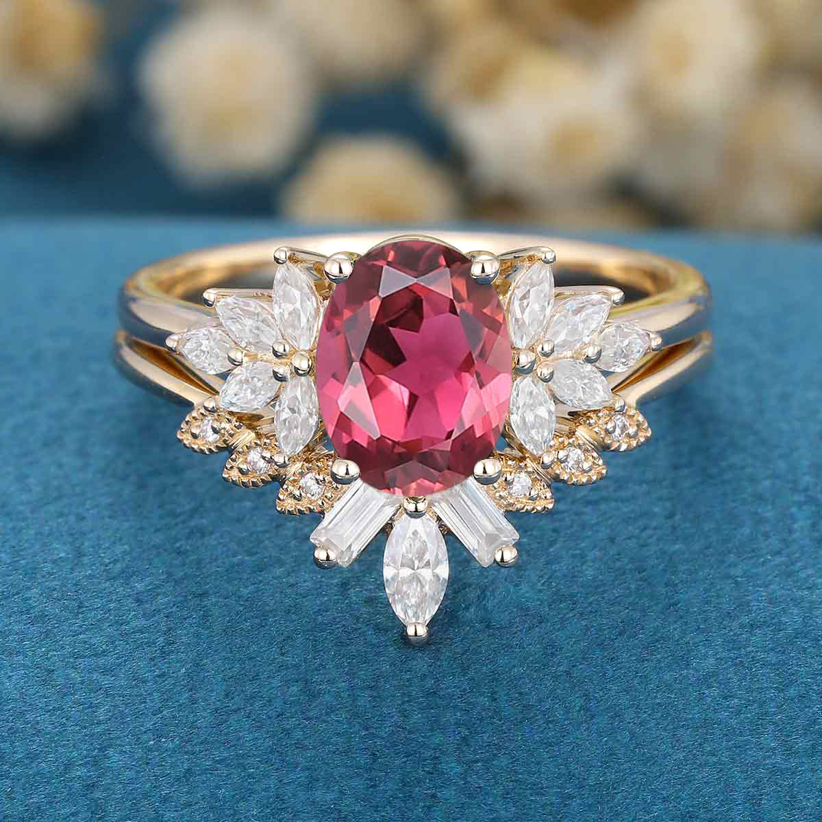 1.5Carat Oval cut Tourmaline Cluster Engagement ring Bridal Set - Image 6