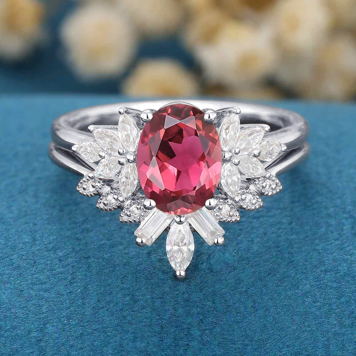 1.5Carat Oval cut Tourmaline Cluster Engagement ring Bridal Set - Image 7