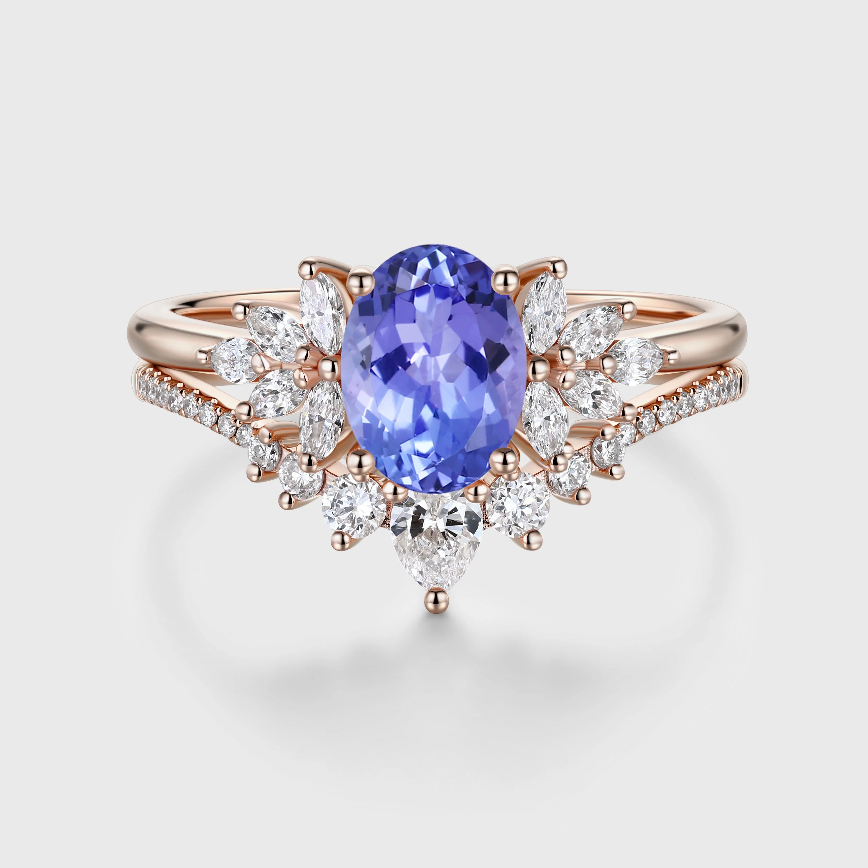 1.5Carat Oval cut Tanzanite Cluster Engagement ring Bridal Set - Image 3