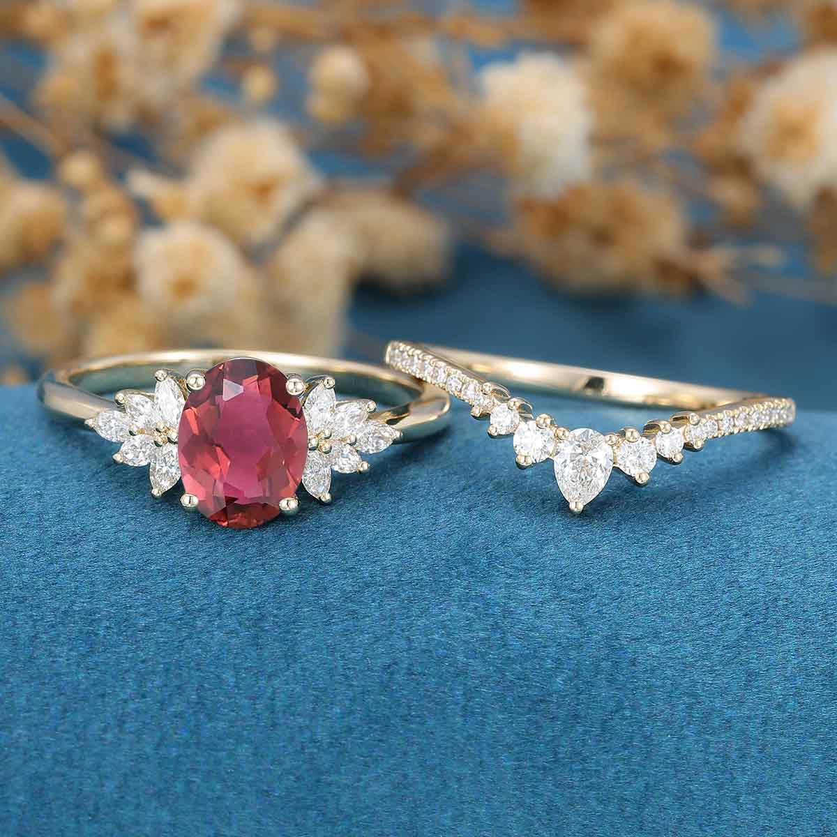 1.5Carat Oval cut Tourmaline Cluster Engagement ring Bridal Set - Image 3