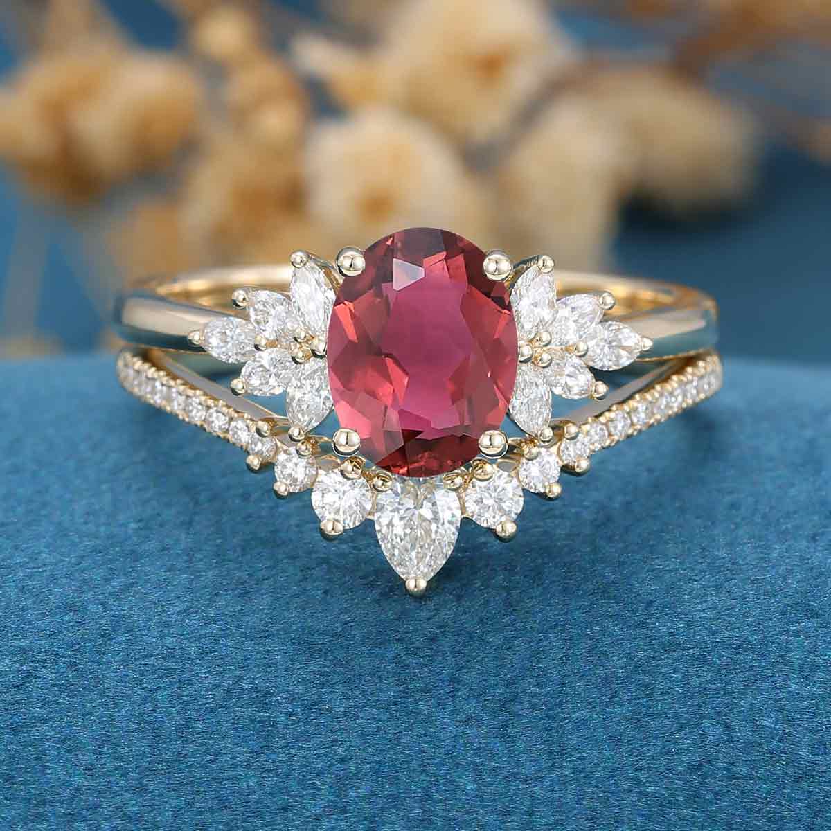 1.5Carat Oval cut Tourmaline Cluster Engagement ring Bridal Set - Image 4
