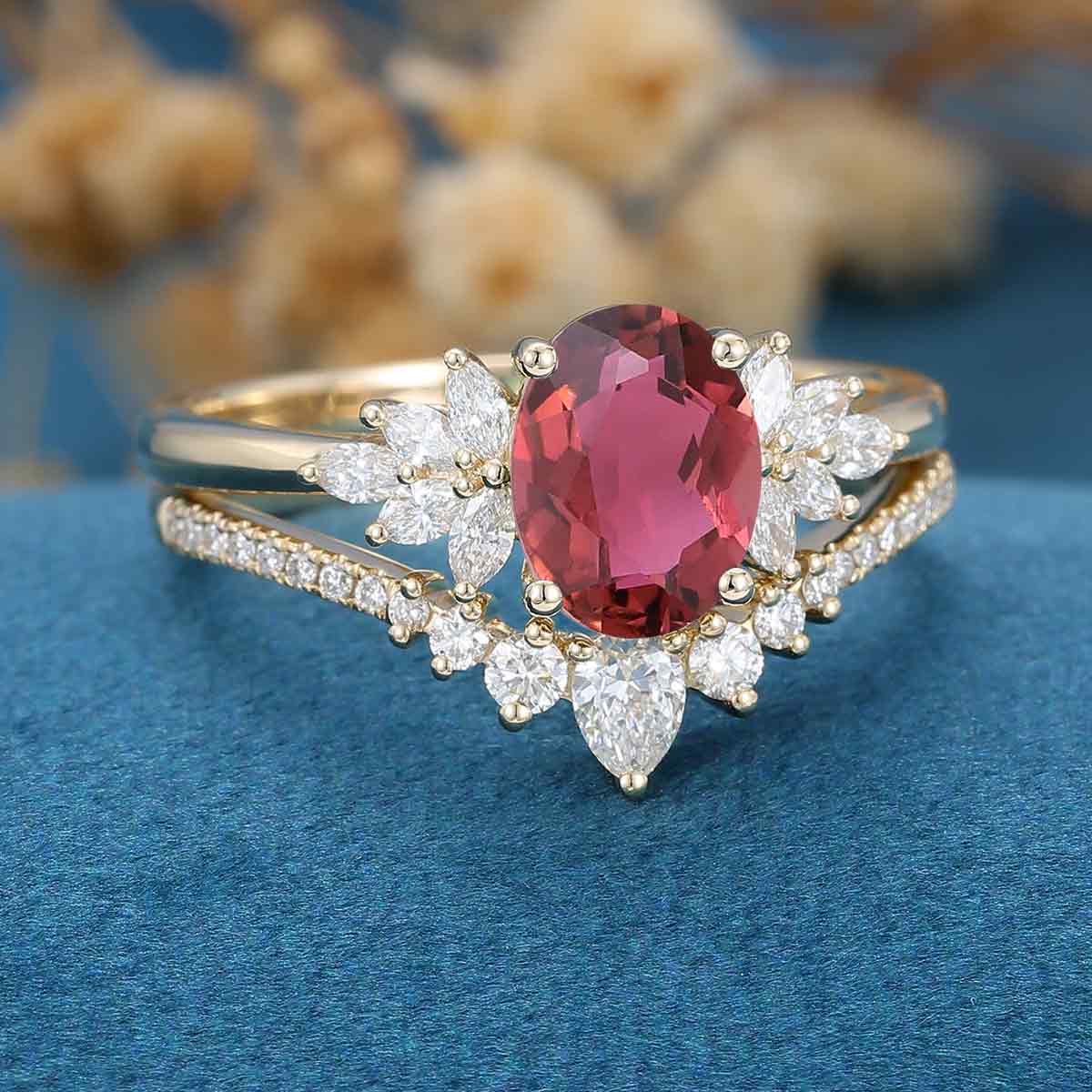 1.5Carat Oval cut Tourmaline Cluster Engagement ring Bridal Set - Image 5