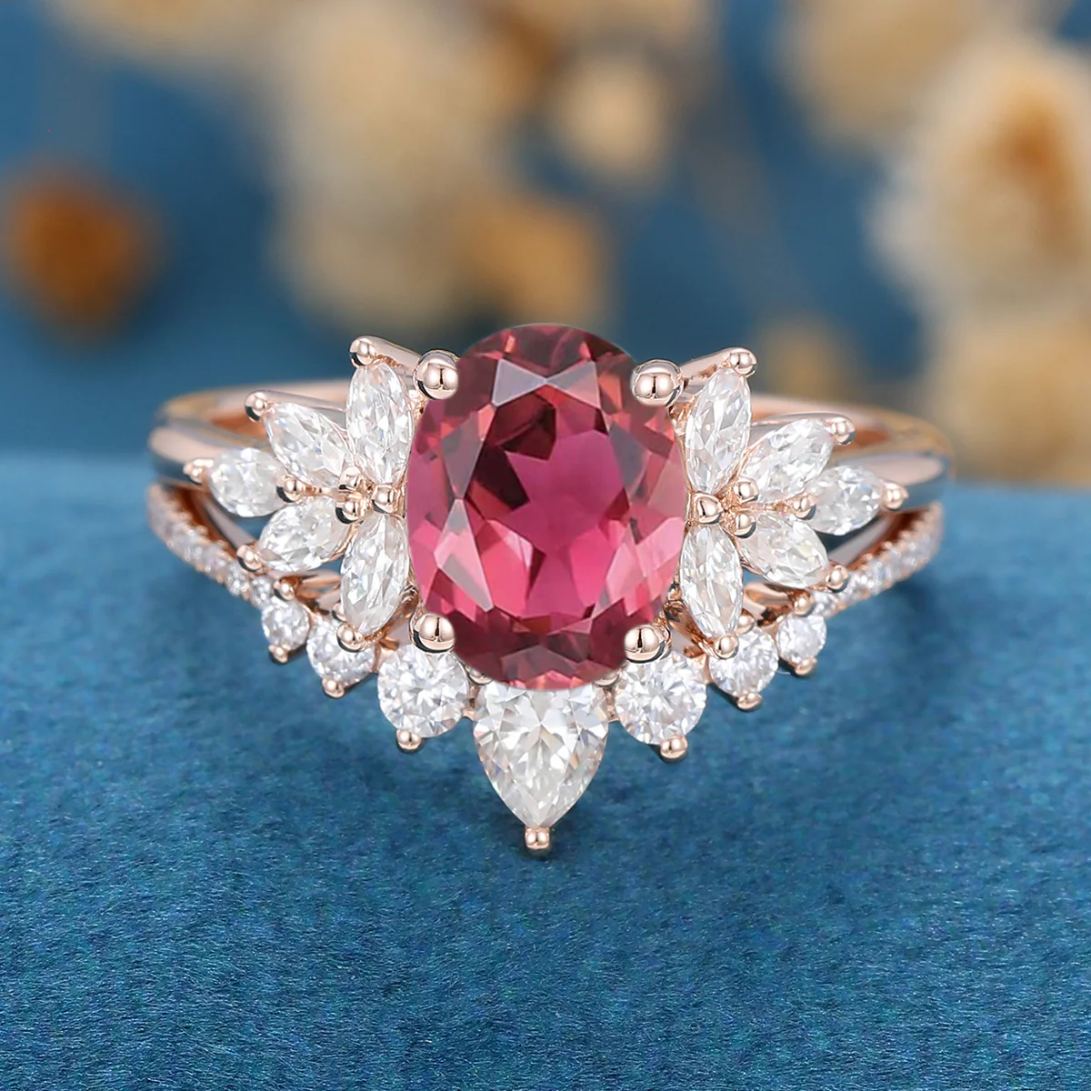 1.5Carat Oval cut Tourmaline Cluster Engagement ring Bridal Set - Image 6