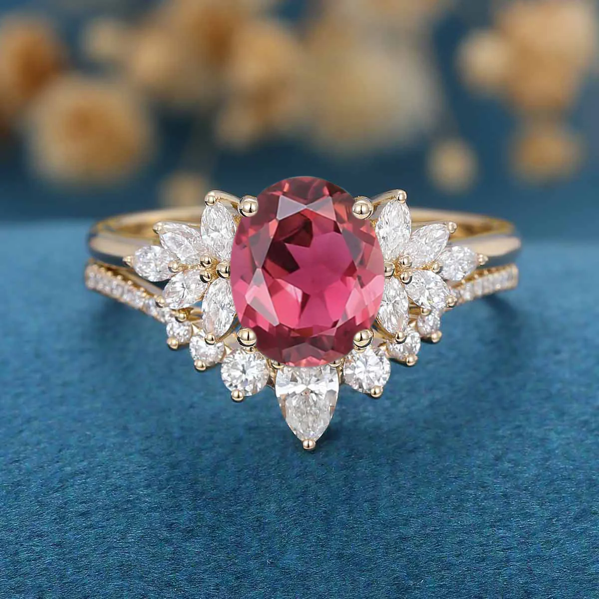 1.5Carat Oval cut Tourmaline Cluster Engagement ring Bridal Set - Image 7