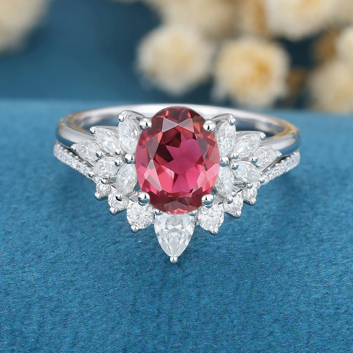 1.5Carat Oval cut Tourmaline Cluster Engagement ring Bridal Set - Image 8
