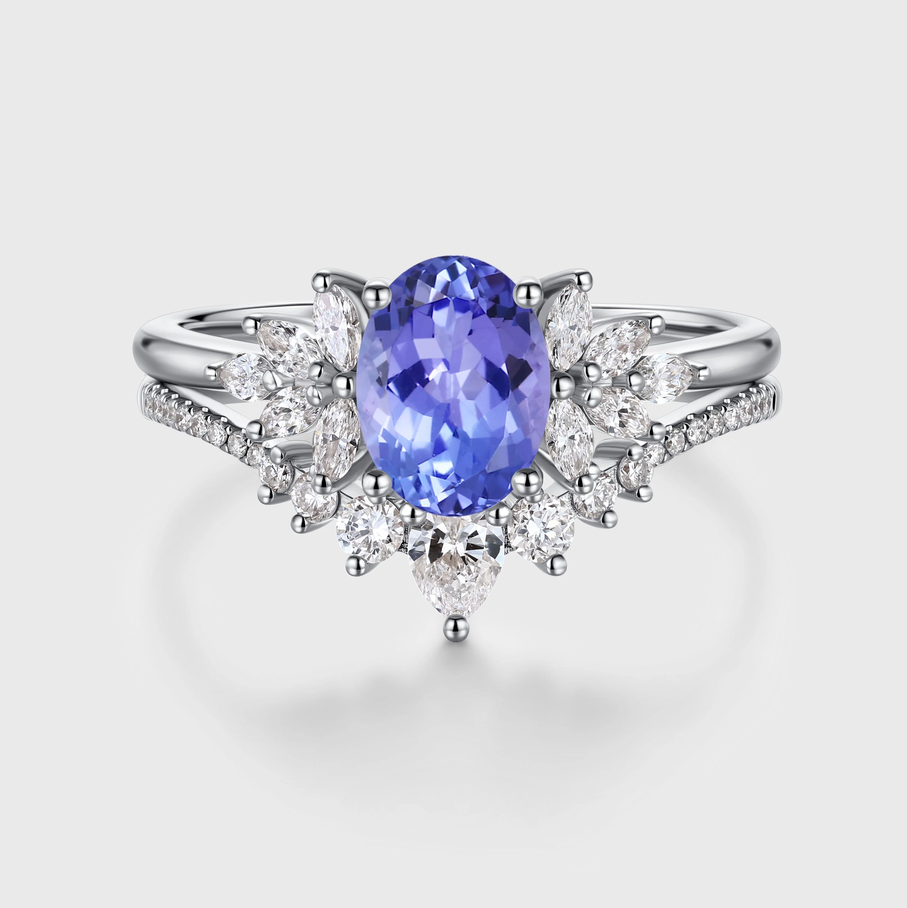 1.5Carat Oval cut Tanzanite Cluster Engagement ring Bridal Set - Image 4