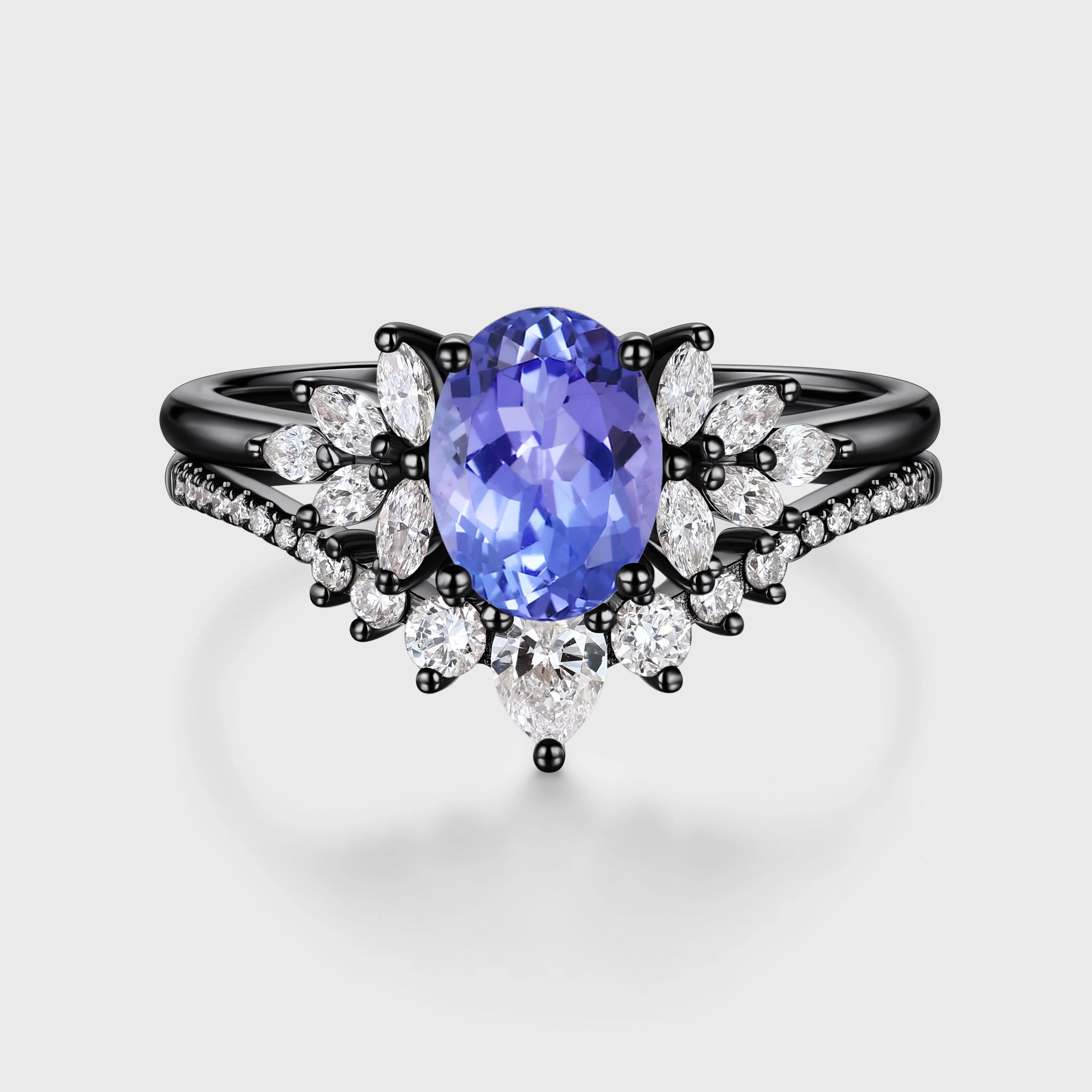 1.5Carat Oval cut Tanzanite Cluster Engagement ring Bridal Set - Image 5