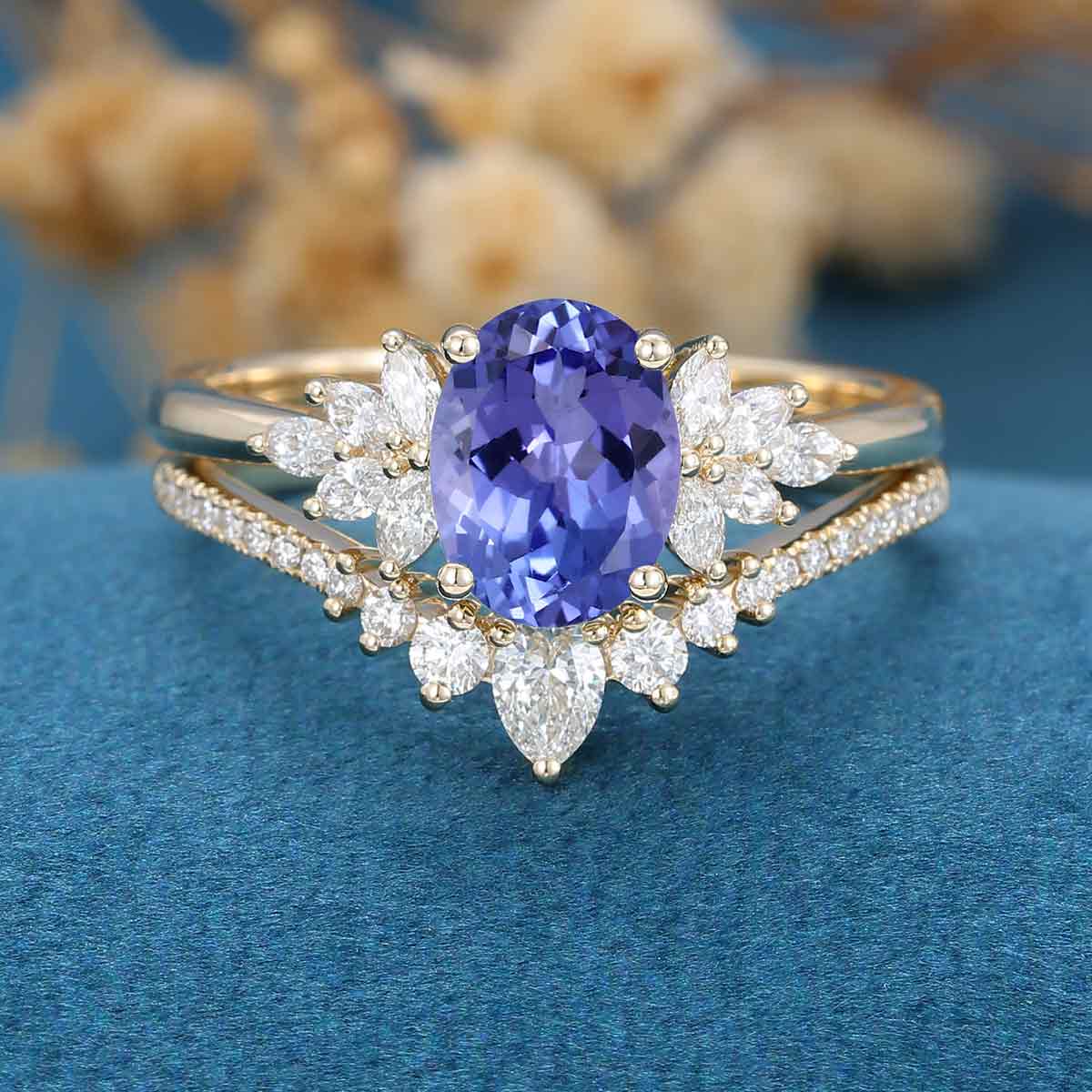 1.5Carat Oval cut Tanzanite Cluster Engagement ring Bridal Set - Image 6
