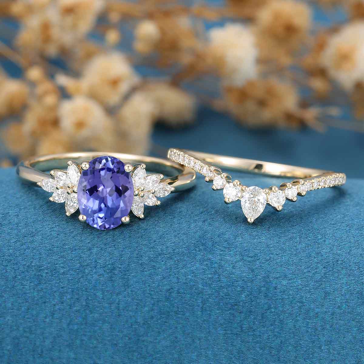 1.5Carat Oval cut Tanzanite Cluster Engagement ring Bridal Set - Image 7