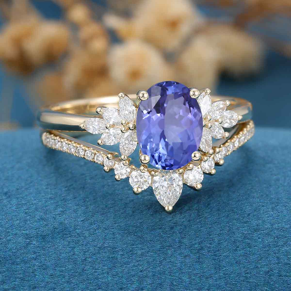 1.5Carat Oval cut Tanzanite Cluster Engagement ring Bridal Set - Image 8