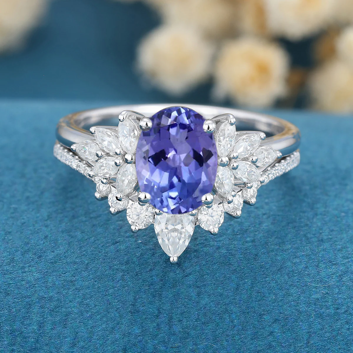 1.5Carat Oval cut Tanzanite Cluster Engagement ring Bridal Set - Image 9