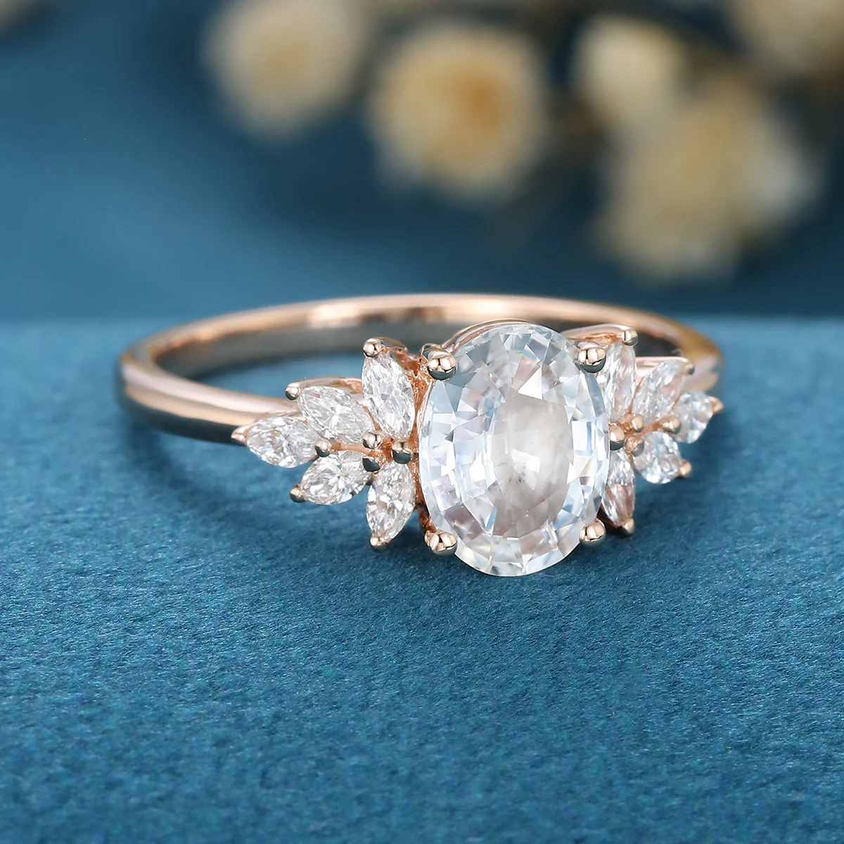 Oval cut White Sapphire  Cluster Engagement Ring - Image 4