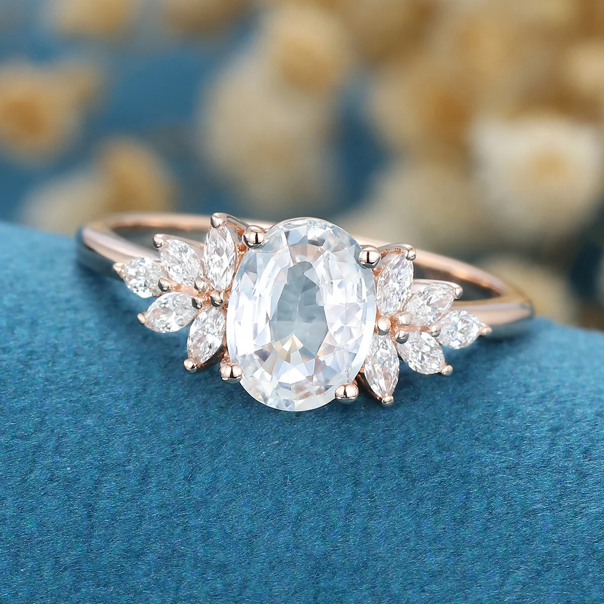 Oval cut White Sapphire  Cluster Engagement Ring - Image 5