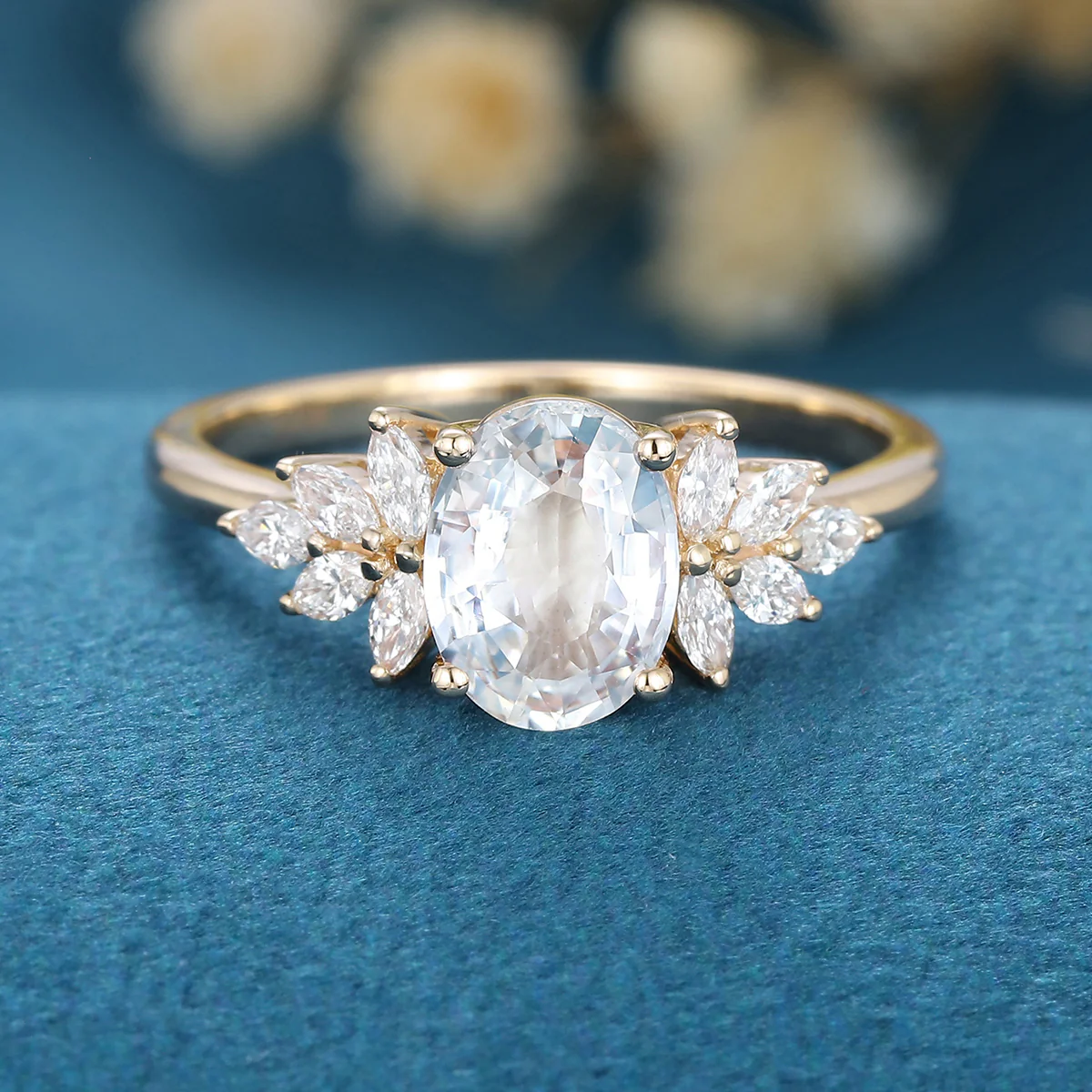 Oval cut White Sapphire  Cluster Engagement Ring - Image 7