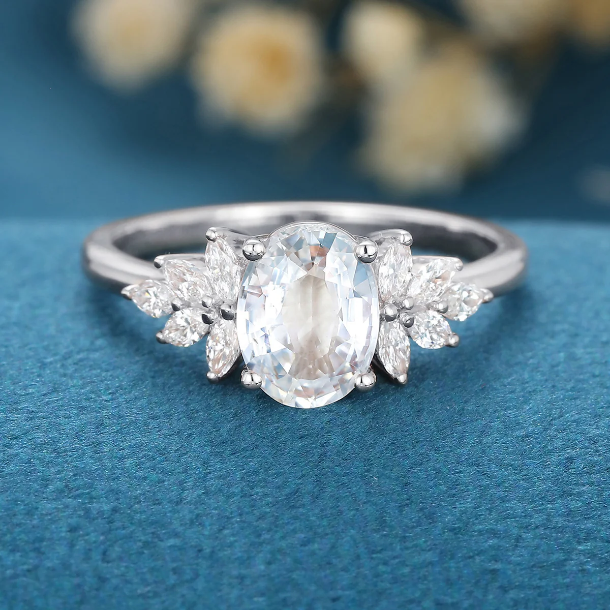 Oval cut White Sapphire  Cluster Engagement Ring - Image 9
