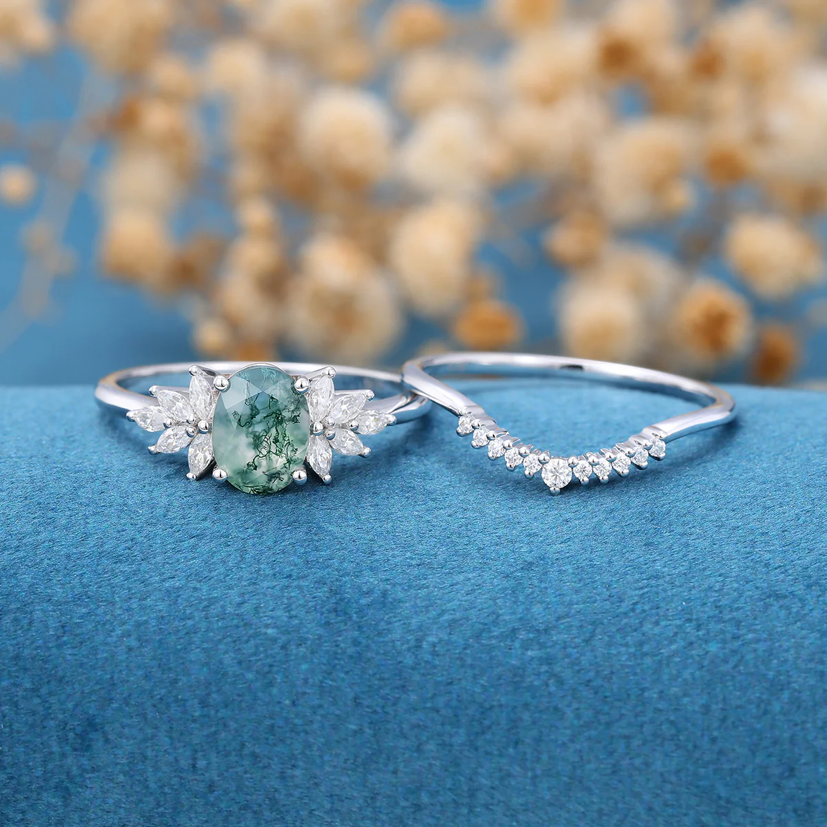 Natural Green Moss Agate Oval cut Cluster Engagement ring Bridal Sets - Image 3