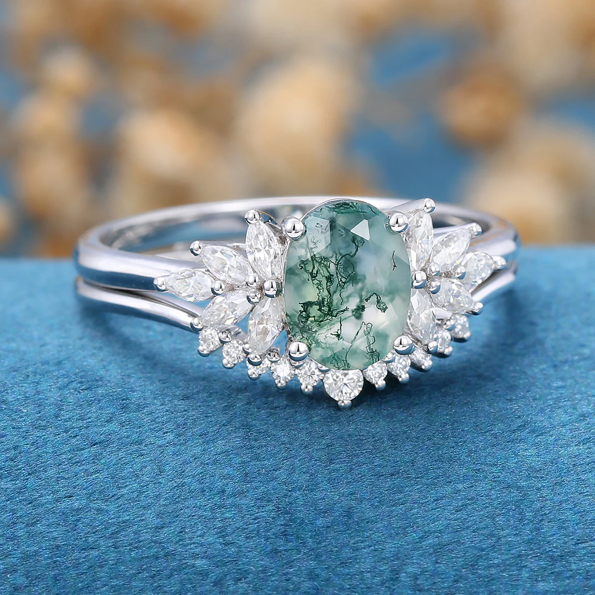 Natural Green Moss Agate Oval cut Cluster Engagement ring Bridal Sets - Image 4