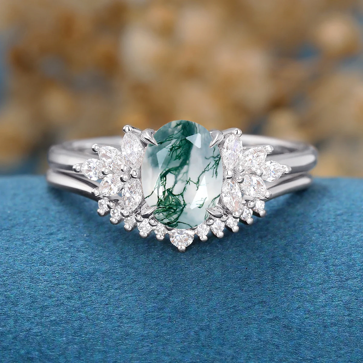 Natural Green Moss Agate Oval cut Cluster Engagement ring Bridal Sets - Image 5