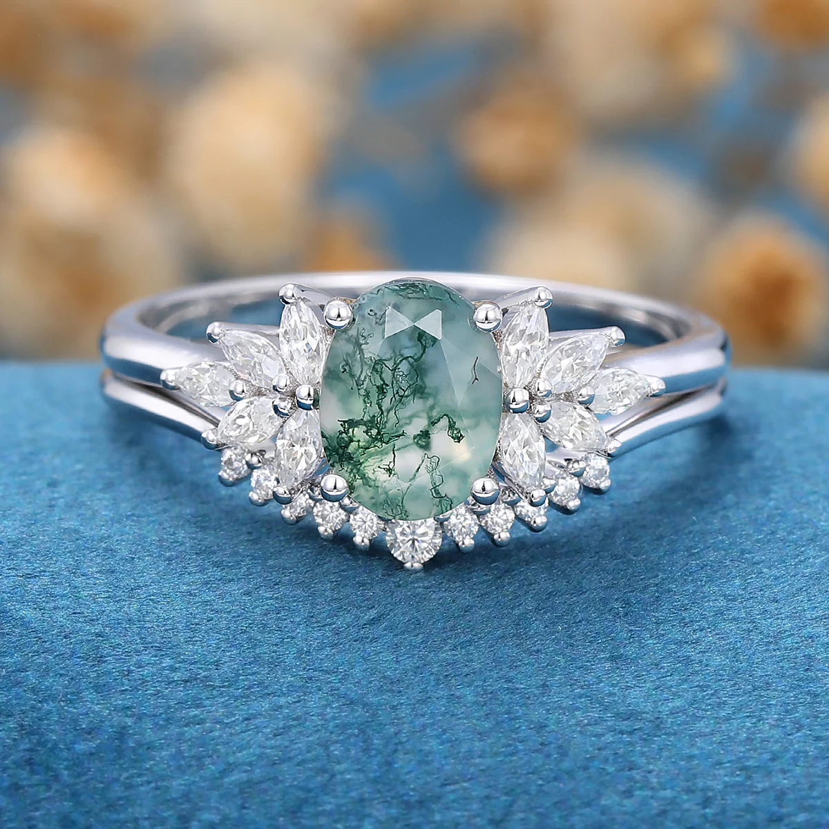 Natural Green Moss Agate Oval cut Cluster Engagement ring Bridal Sets - Image 6