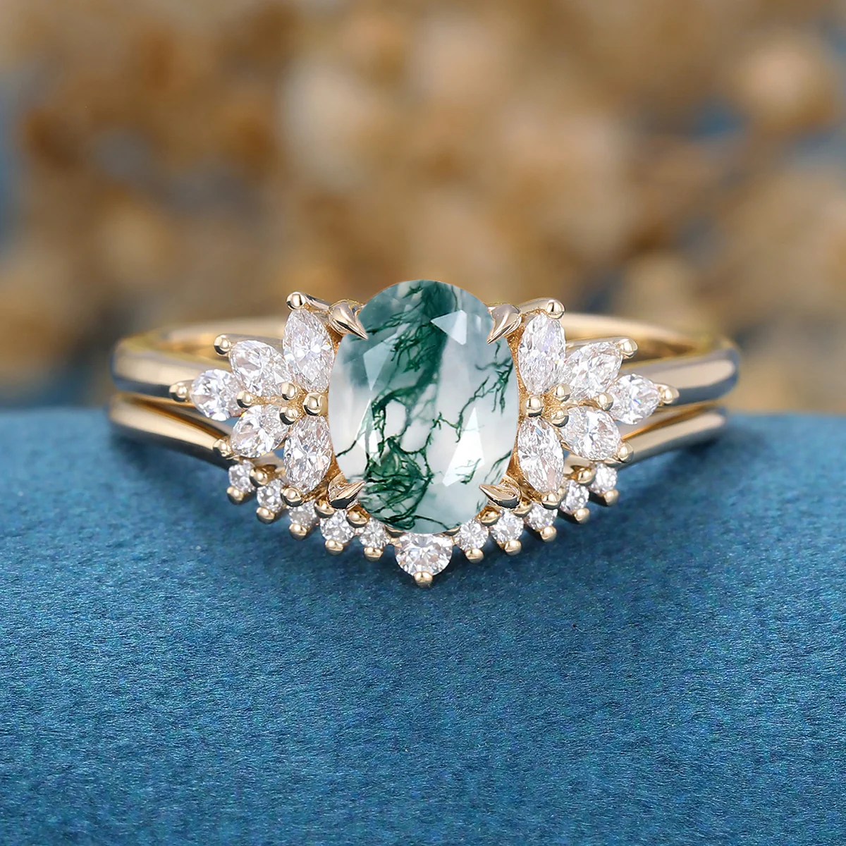 Natural Green Moss Agate Oval cut Cluster Engagement ring Bridal Sets - Image 7