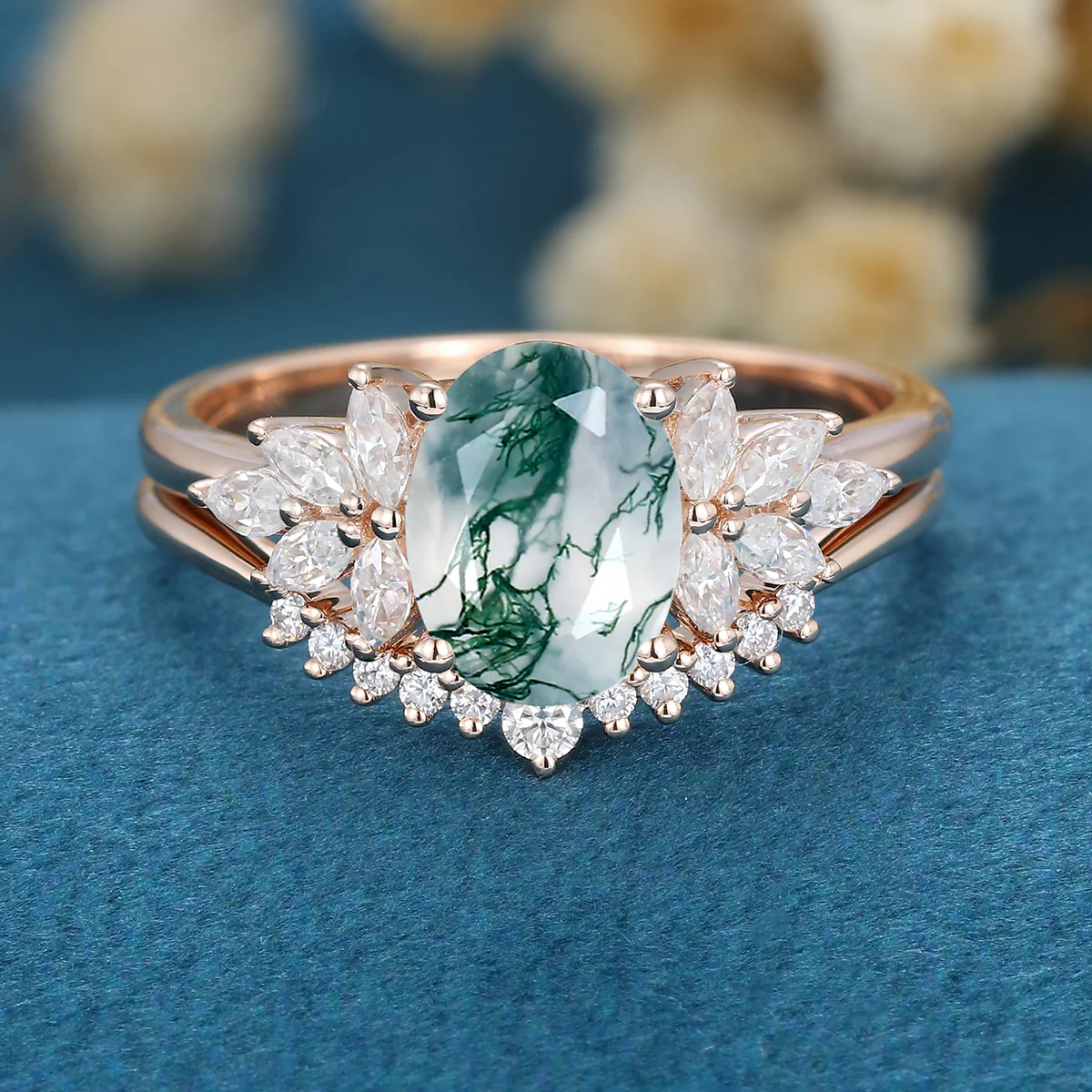 Natural Green Moss Agate Oval cut Cluster Engagement ring Bridal Sets - Image 8